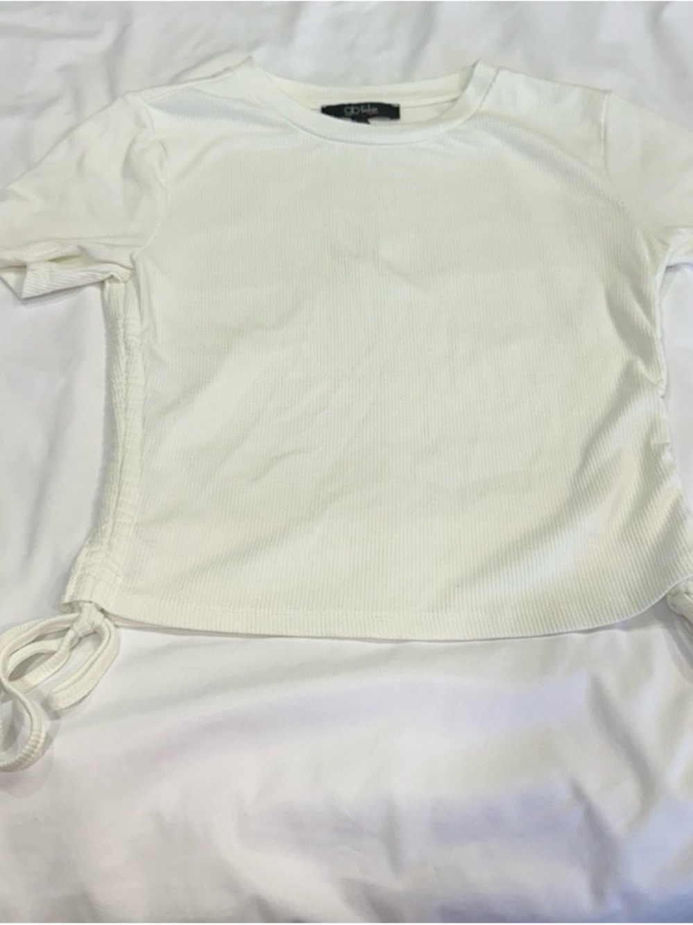 Girls' White Ribbed Short Sleeve Top with Side Tie